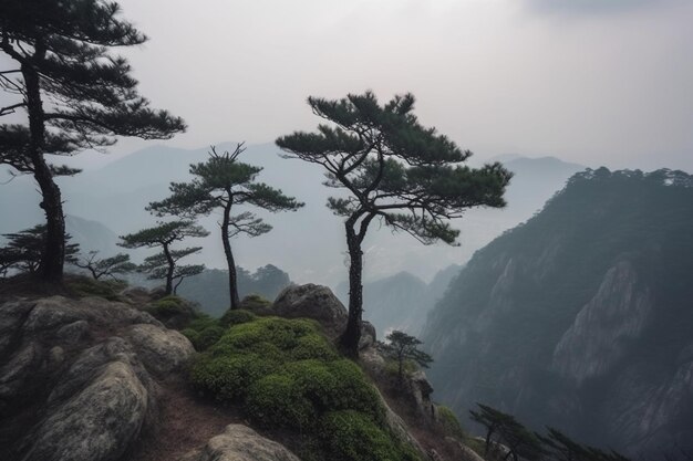 Photo two lonely trees in cang mountains cangshan near dali city china foggy landscape