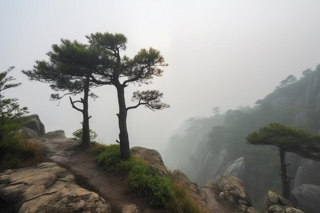 Two lonely trees in cang mountains cangshan near dali city china foggy landscape