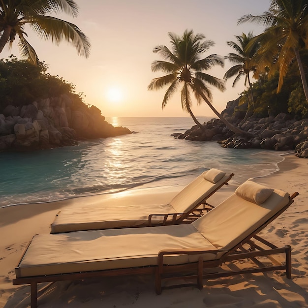 two lounge chairs on a beach with palm trees in the background