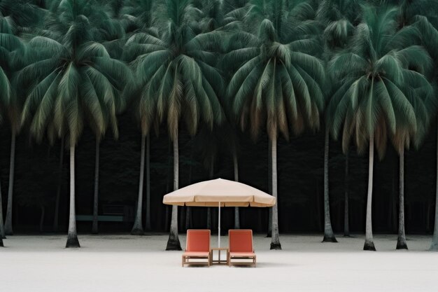 Photo two lounge chairs under an umbrella on a beach ai