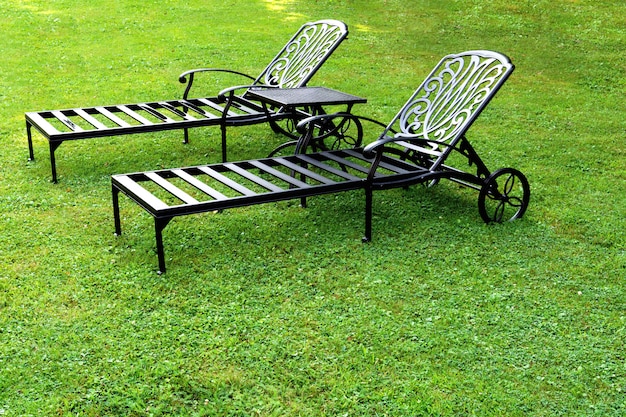 Two loungers are on the lawn in the garden.