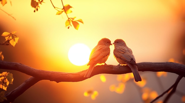 Photo two lovebirds perched on a branch at sunset ambiance