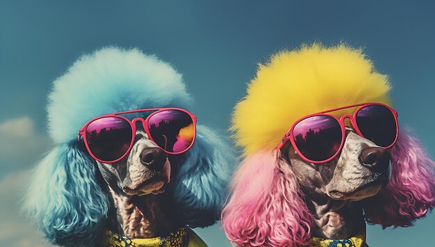 Foto due graziosi barboncini che indossano occhiali da sole con cornici colorate vibranti e capelli colorati adornati con vi