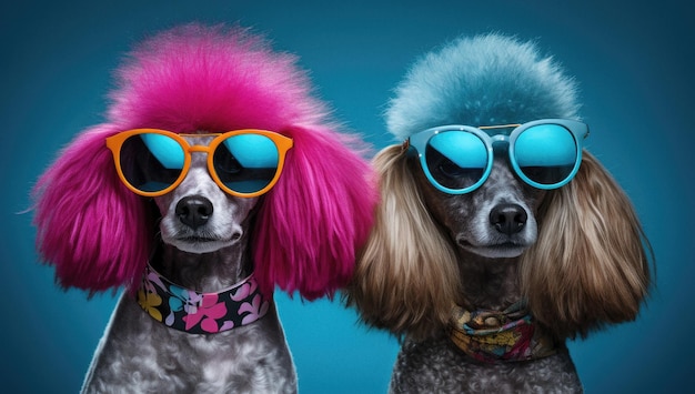Два милых пуделя в солнцезащитных очках с яркой цветной оправой и яркими волосами.