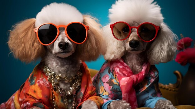 Photo two lovely poodles wearing sunglasses