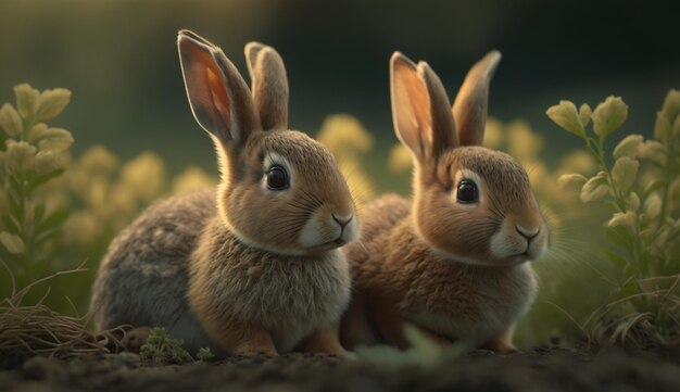 Two lovely rabbits sitting beside one another Generative AI