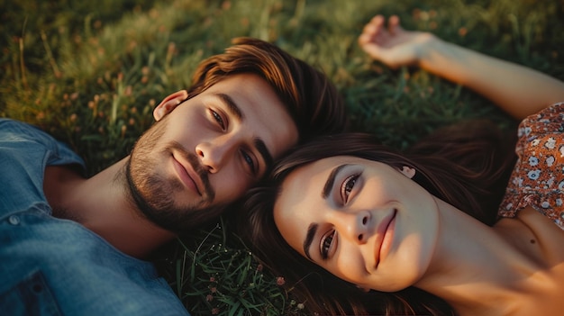 Two lovers couple lying on the green grass