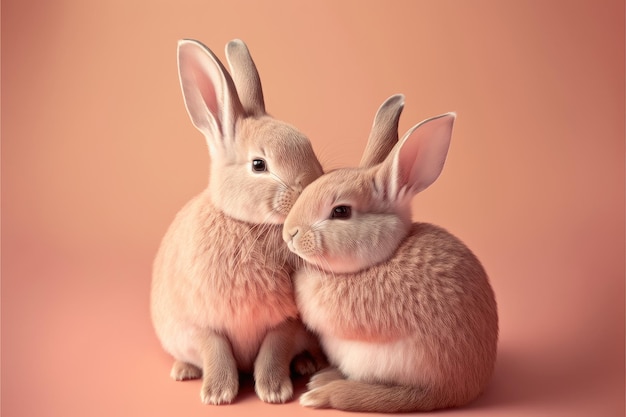 Two loving rabbits kissing Love symbol Pink background Gererative AI