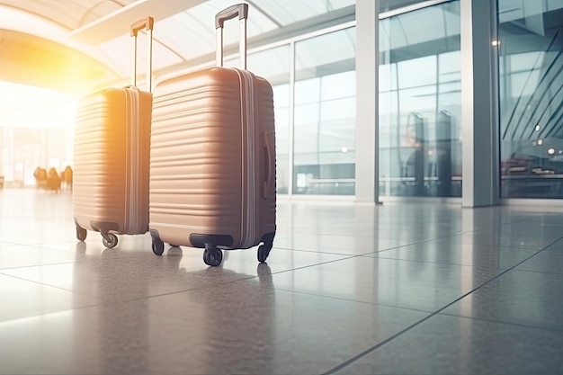 空港ターミナルにある 2 つのスーツケース 旅行のコンセプト ジェネレーティブ AI
