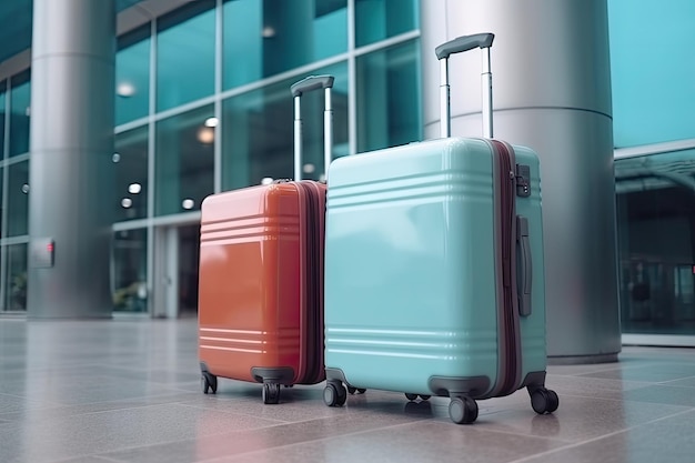 Two luggage suitcases in airport terminal Travel concept Generative AI