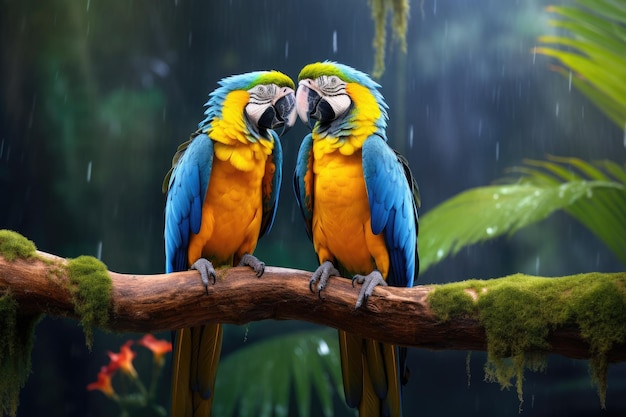 Two macaws sitting on a branch in the rain Wildlife scene Beautiful macaws in the jungle Blue and yellow macaw AI Generated