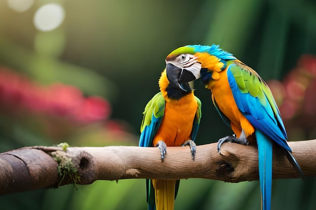 Two macaws sitting on a branch