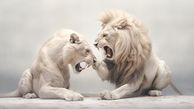Two majestic albino lionesses locked in an epic combat their strength