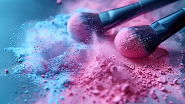 Two makeup brushes in a pile of blue and pink powder