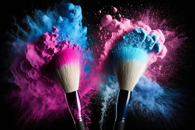 Two makeup brushes with blue and pink exploding powder on black background generative ai