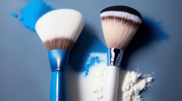 Foto due pennelli di trucco con polvere blu e nello stile di ai generativa bianca e marrone