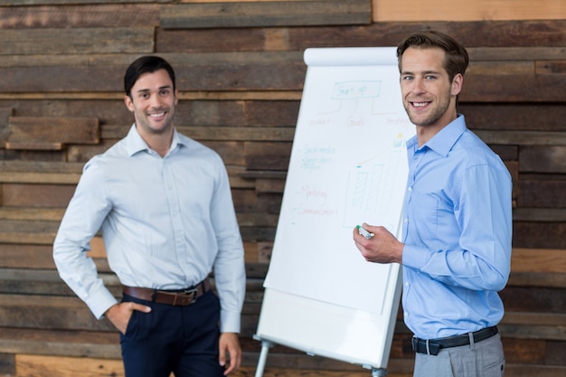 Two male business executives in a meeting standing in front of a flip chart