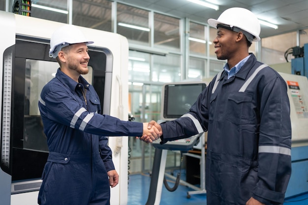 Two male engineers shaking hands after work success operator CNC machine at the factory