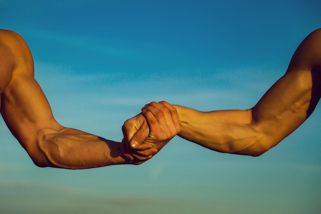 Photo two male hands or arms muscular with biceps triceps handshake or wrestling outdoors on blue sky