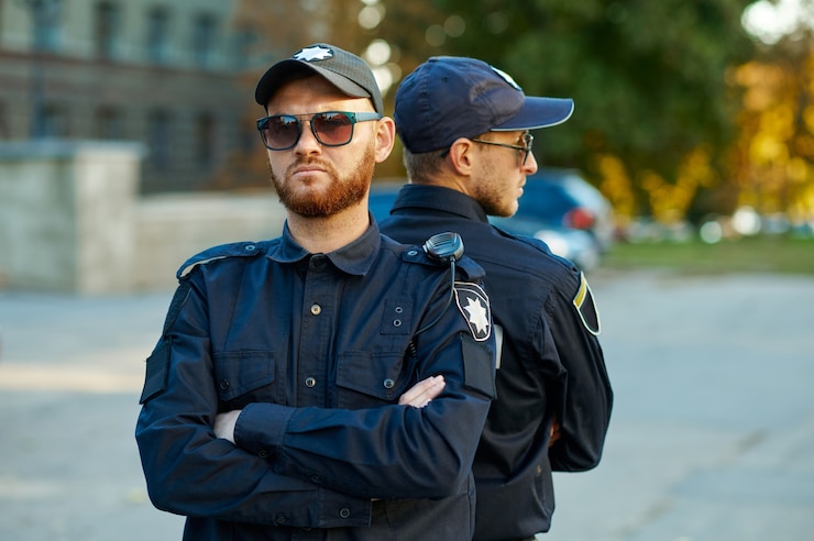 Photo two male police officers in uniform and sunglasses standing back to back. policemen protect the law. cops work on city street, order and justice control