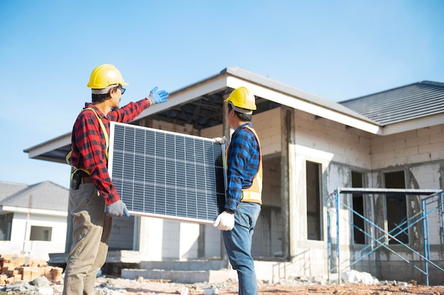 Two male technicians carrying solar panels on house construction site Engineer wearing helmet installing solar panel system outdoors Alternative ideas and saving electricity with solar panels