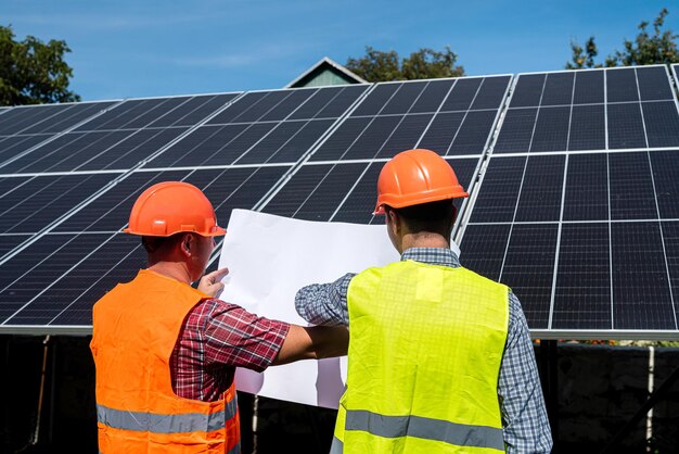 Two man finished installation of new solar panel station. Green energy concept