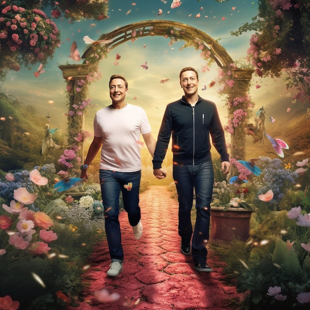 Two man gay just married holding hands while walking flowery garden path