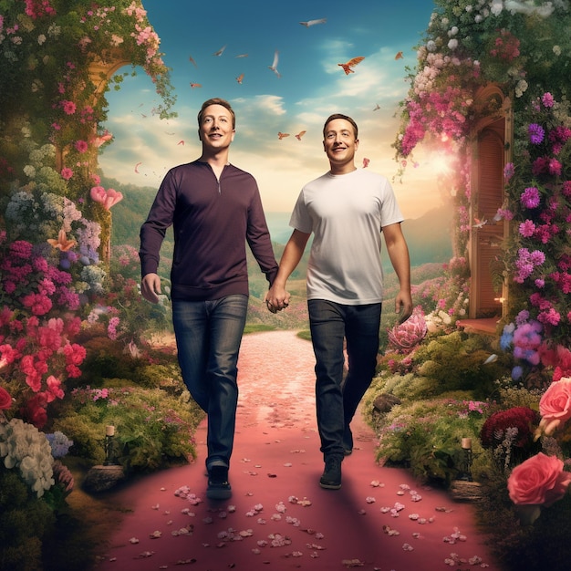 Two man gay just married holding hands while walking flowery garden path