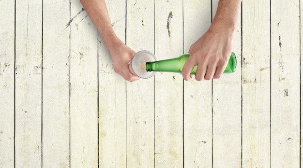 Two Man Hands With Beer Mug and bottle On White Background