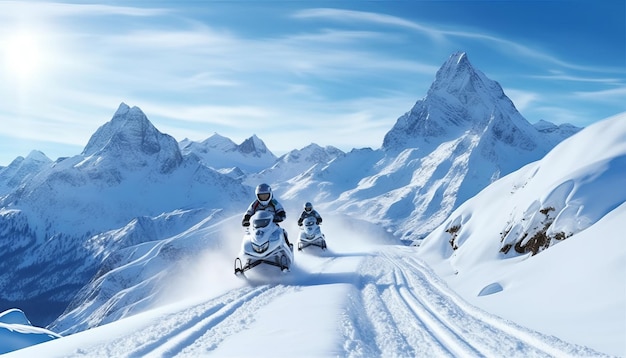 two man riding snowmobile at snowy mountain