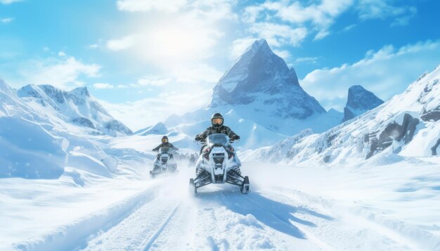 two man riding snowmobile at snowy mountain