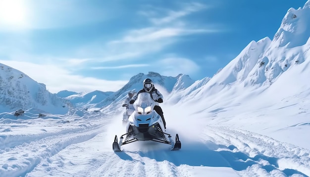 two man riding snowmobile at snowy mountain