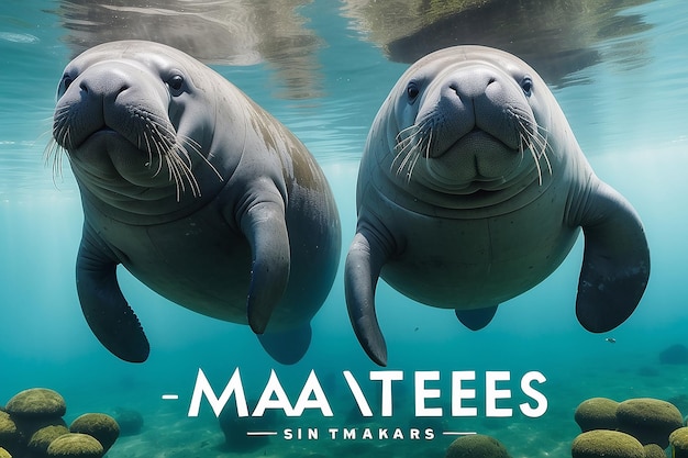 Photo two manatees in the water with the words manatees on the bottom