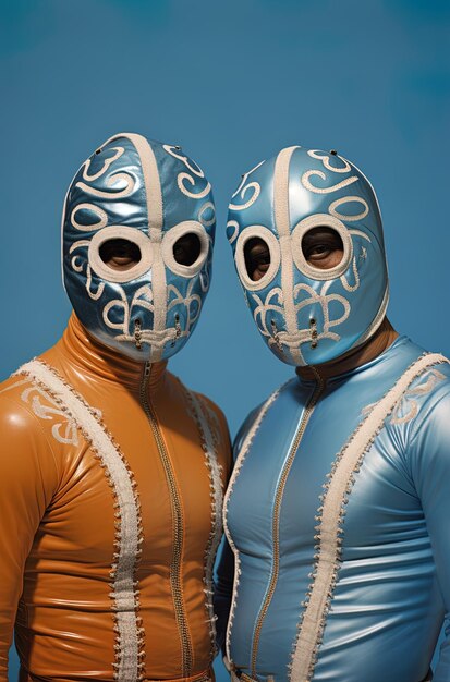 Photo two mannequins wearing blue and orange outfits with white and blue outfits