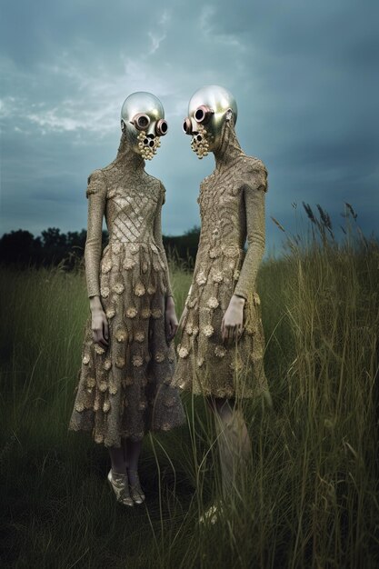 Photo two mannequins wearing masks in a field of grass
