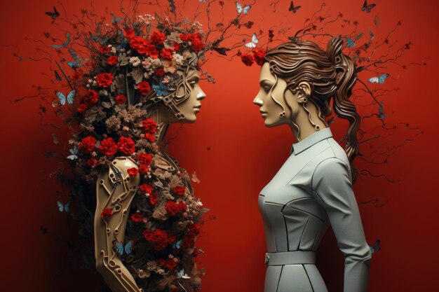 Two mannequins with flowers and butterflies on them generative ai