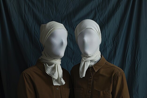 Photo two mannequins with their heads covered in white cloths