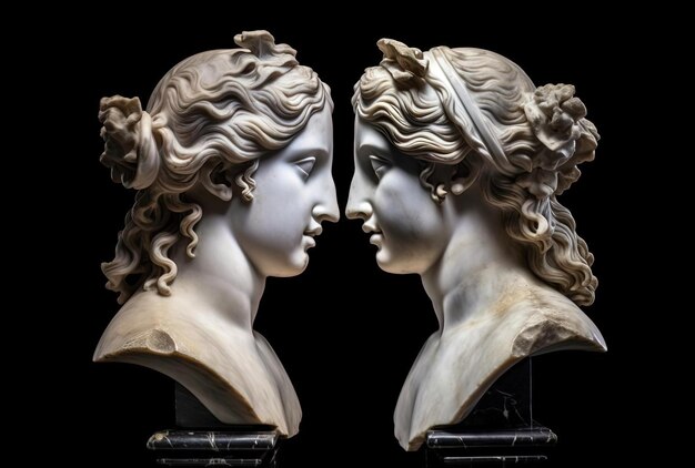 Two marble heads of young women on black background
