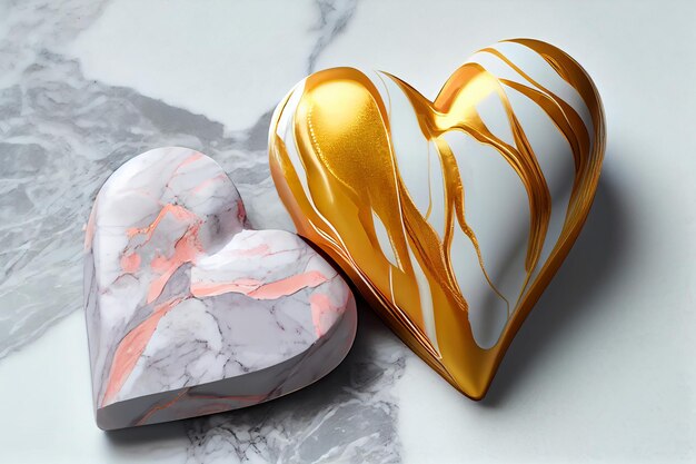 Two marble hearts sit on a marble table.