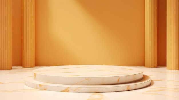 Two marble stools sit on a counter in front of a orange wall.