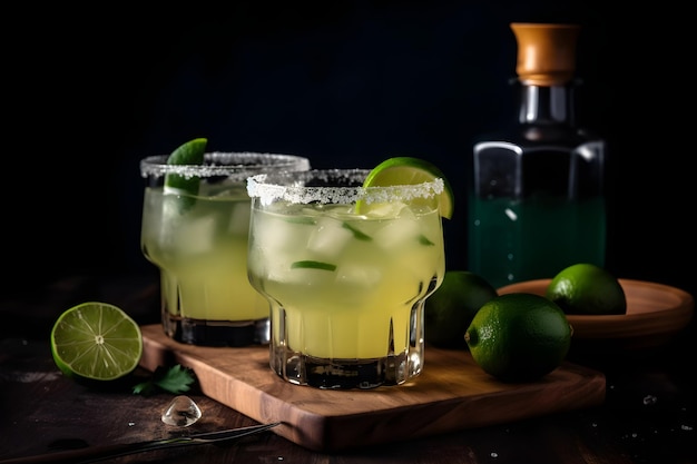 Two margaritas with limes on a wooden board with limes on the side.