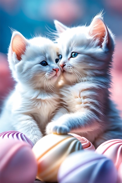 Photo two marshmellow kitten in love pastel colors on a surfboard detailed 8k