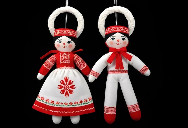 Фото Две куклы мартеницы в традиционной русской одежде, висящие на веревке