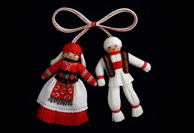 伝統的な衣装を着た2人のマルテニツァ人形がリボンにぶら下がっている
