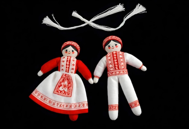 Photo two martenitsa dolls in traditional ukrainian clothing