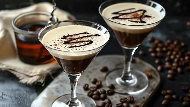 Two martini glasses of espresso martini cocktail on dark background with coffee beans