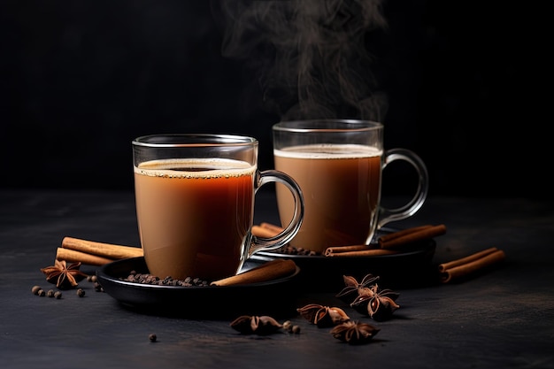 Two masala tea mugs emit steam on a gray table Bright light black backdrop