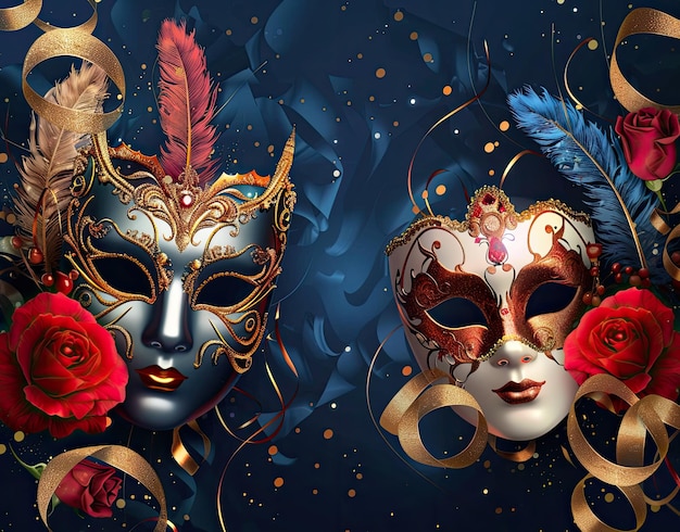 two masks with red roses and gold accents are shown