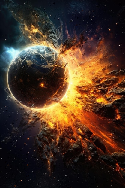 Two massive planets colliding in space causing a massive explosion Ai generative