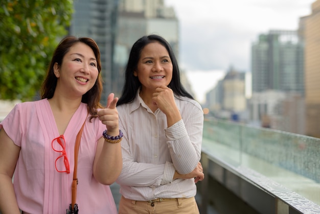 Two mature Asian women together against view of the city